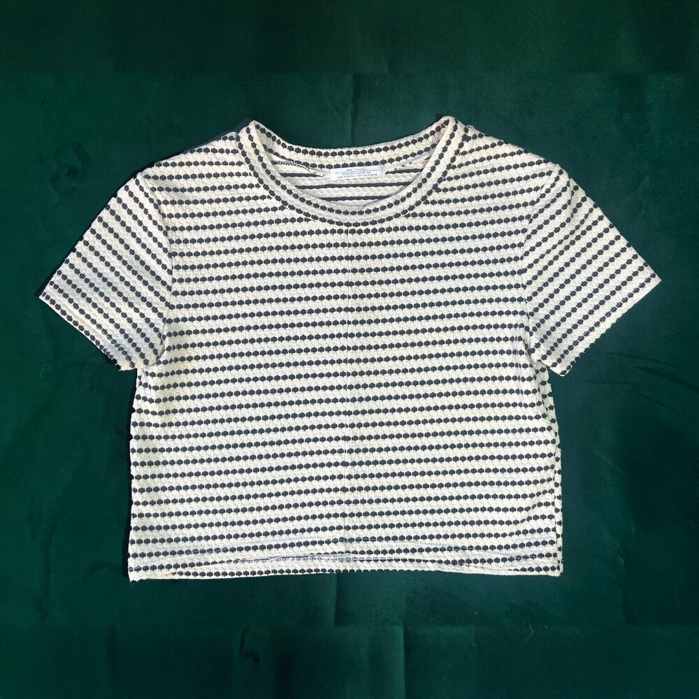 ZARA TRAFALUC Black White Textured Short Sleeve Crop Top